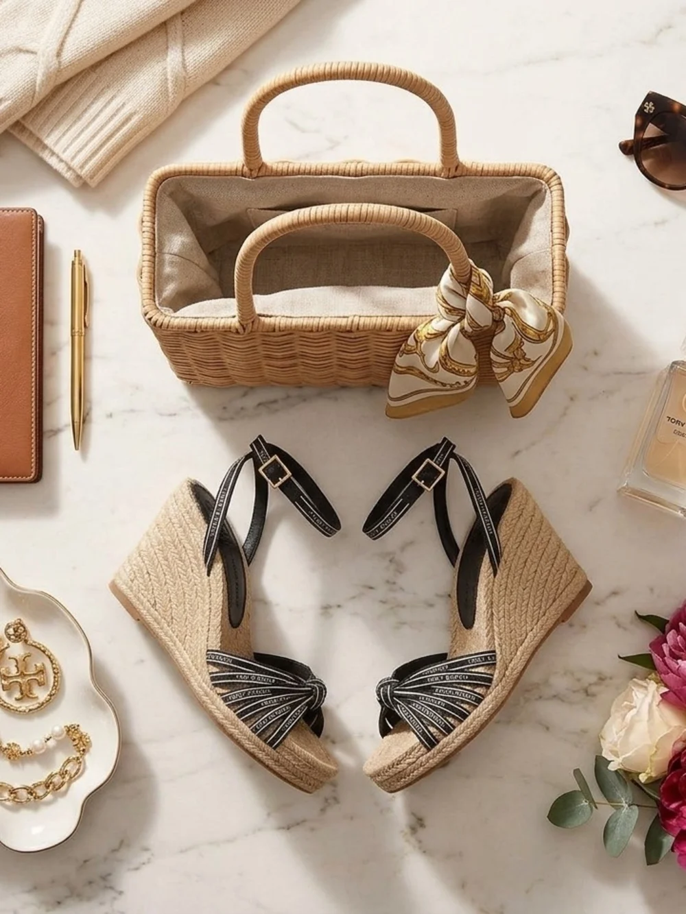 Tory Burch Logo Ribbon Espadrille Wedge Sandals